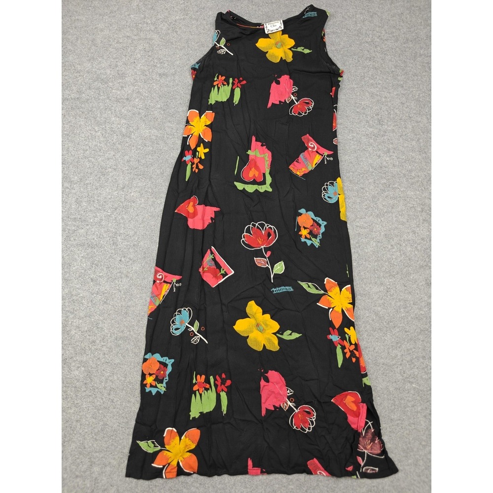 Dressing Clio Dress Womens S Black Floral Rayon Tank Maxi Vintage Boho Sundress